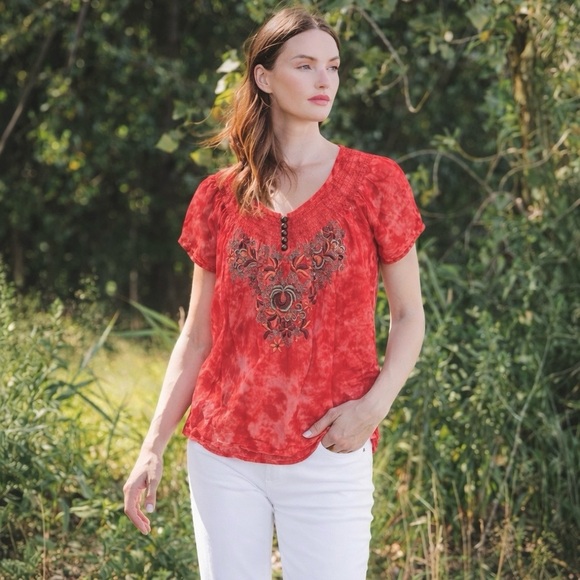 ONE WORLD Tops - One World Tye Dye Embroidered Blouse Top PL L